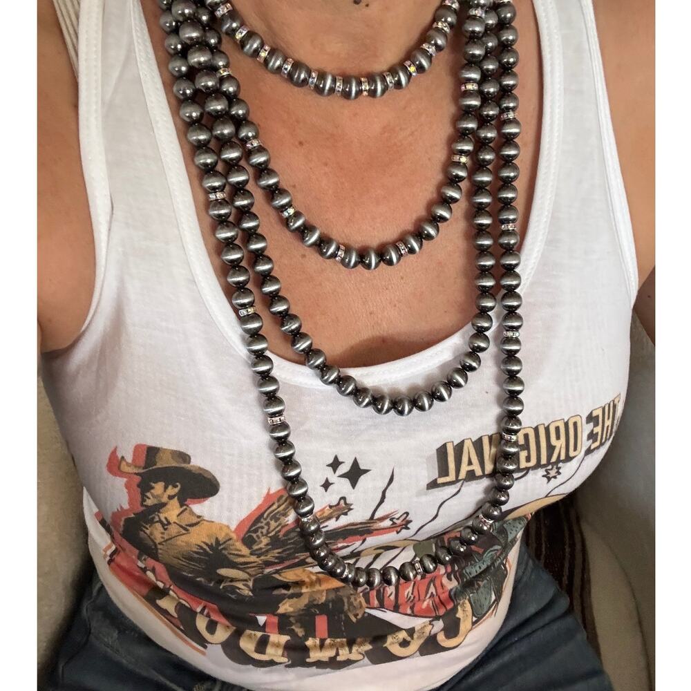 Navajo Pearl Style Multi Strand Necklace Western Silver Beaded Layered Statement